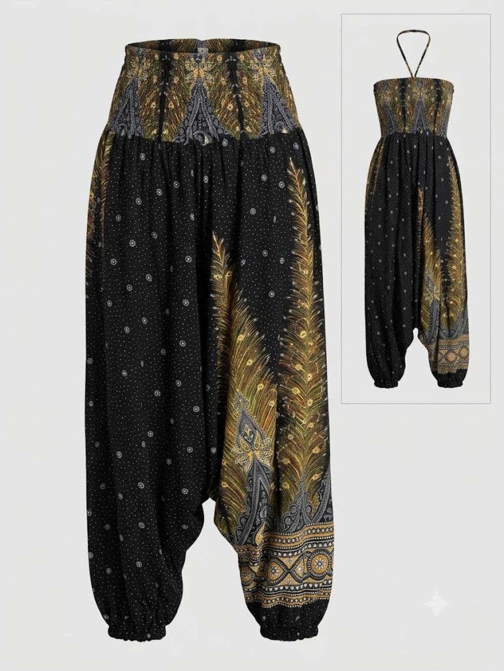 Earthbound Peacock Harem Pants Smocked Waist Rayon 2-in-1 Jumpsuit Boho